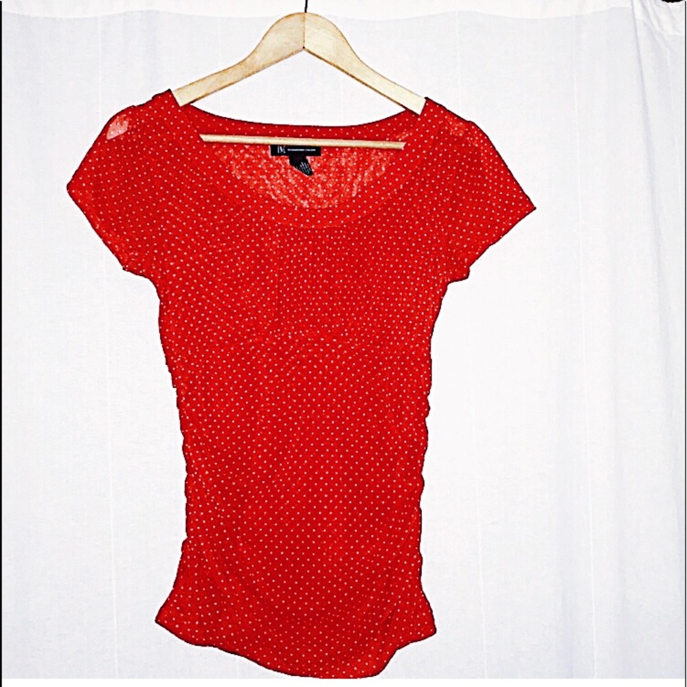 INC red with white polka dots top